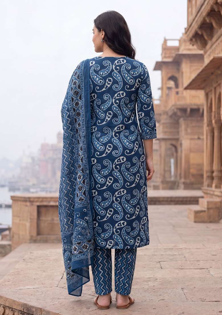 Blue Printed Cotton Kurta Set - Indya