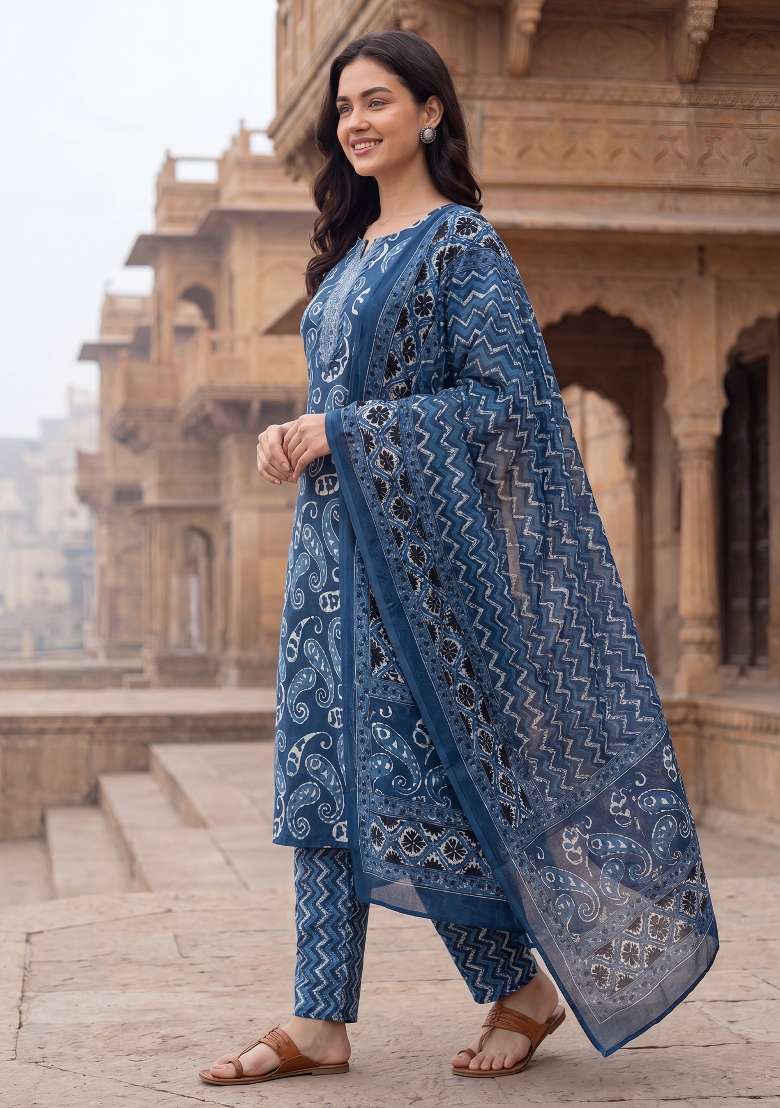 Blue Printed Cotton Kurta Set - Indya