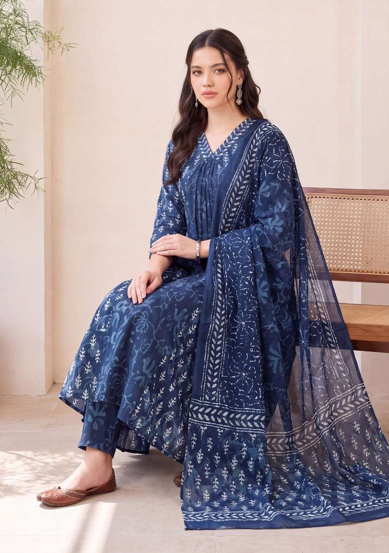 Blue Printed Cotton Kurta Set - Indya