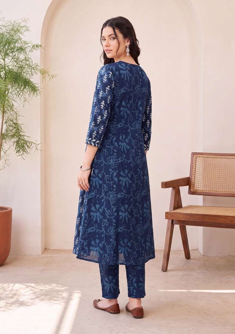 Blue Printed Cotton Kurta Set - Indya