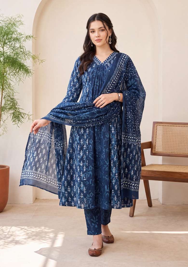 Blue Printed Cotton Kurta Set - Indya