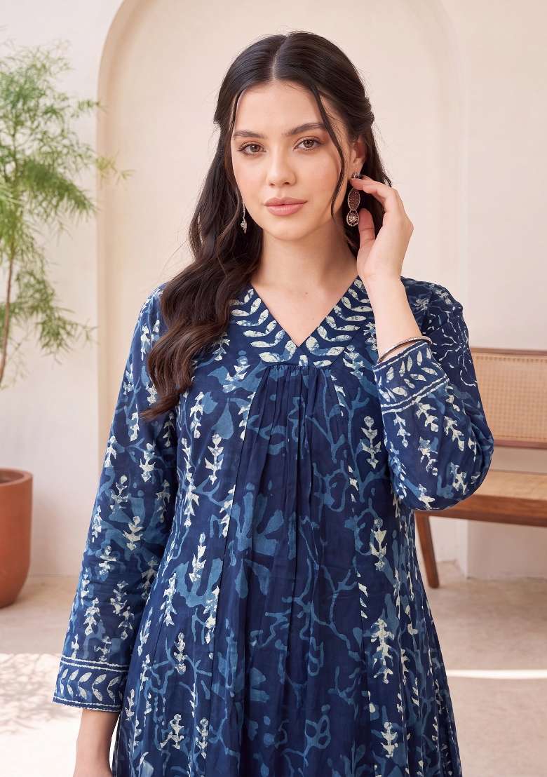 Blue Printed Cotton Kurta Set - Indya