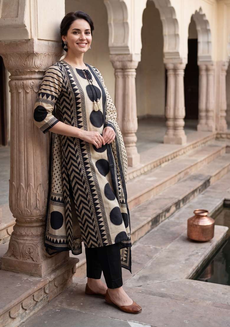 Cream Printed Cotton Kurta Set - Indya