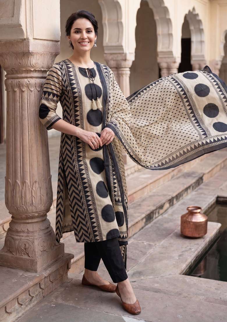 Cream Printed Cotton Kurta Set - Indya