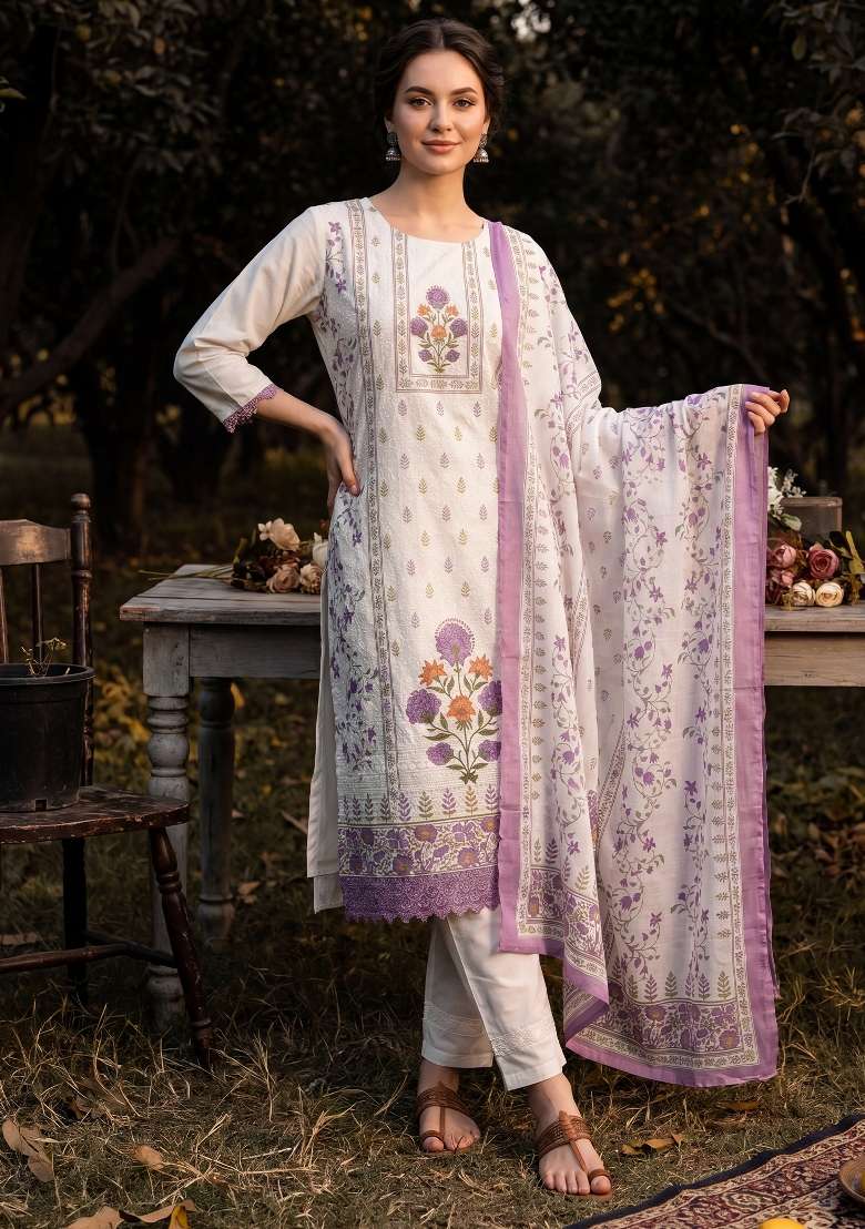 Cream Printed Cotton Kurta Set - Indya