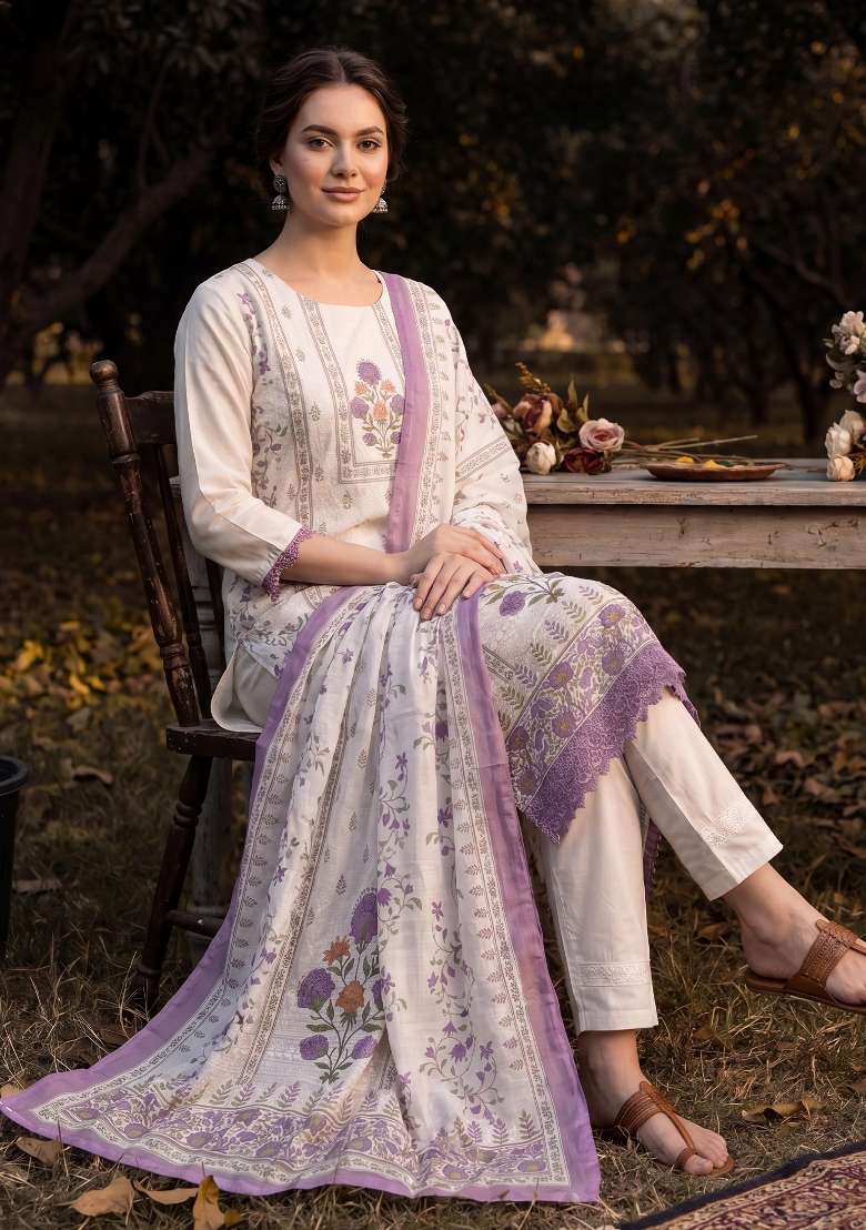 Cream Printed Cotton Kurta Set - Indya