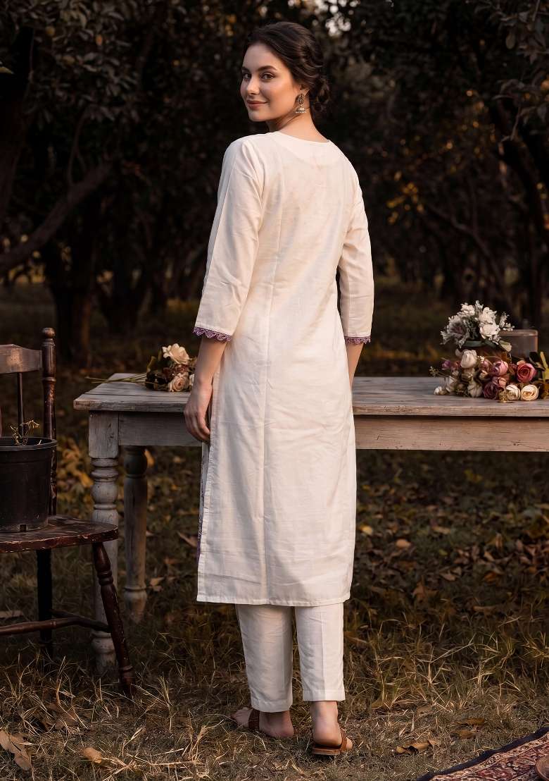 Cream Printed Cotton Kurta Set - Indya