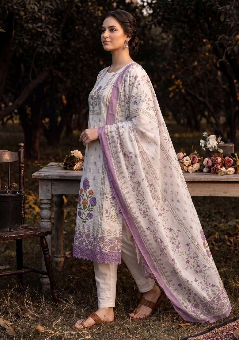 Cream Printed Cotton Kurta Set - Indya