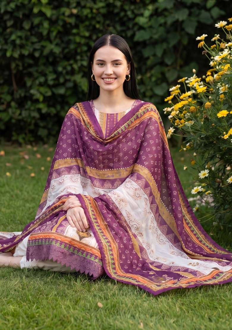 Cream Printed Cotton Kurta Set - Indya