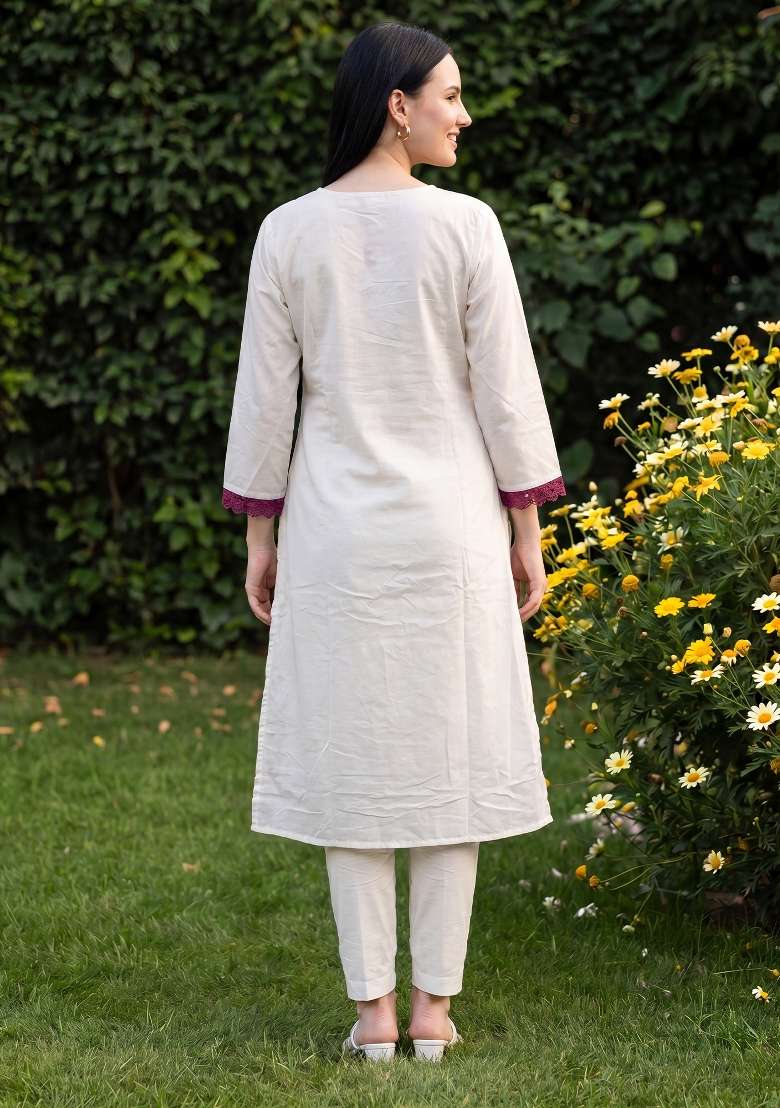 Cream Printed Cotton Kurta Set - Indya