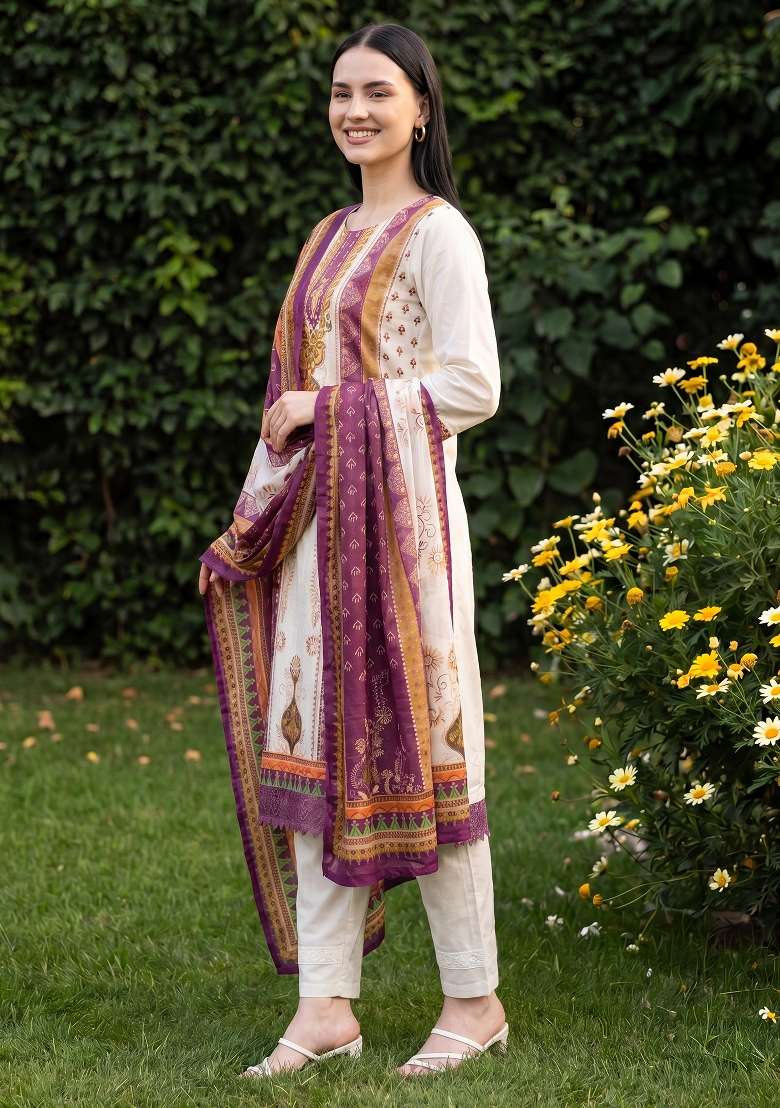 Cream Printed Cotton Kurta Set - Indya