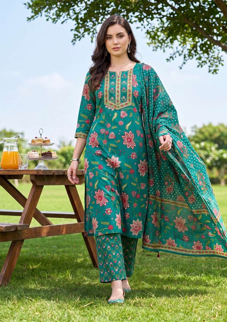 Green Printed Cotton Kurta Set - Indya
