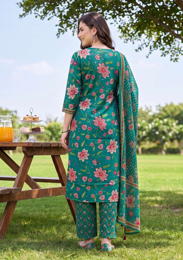 Green Printed Cotton Kurta Set - Indya