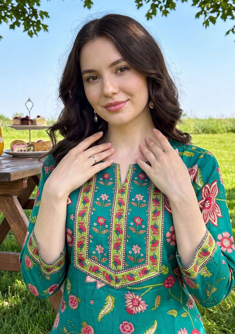 Green Printed Cotton Kurta Set - Indya