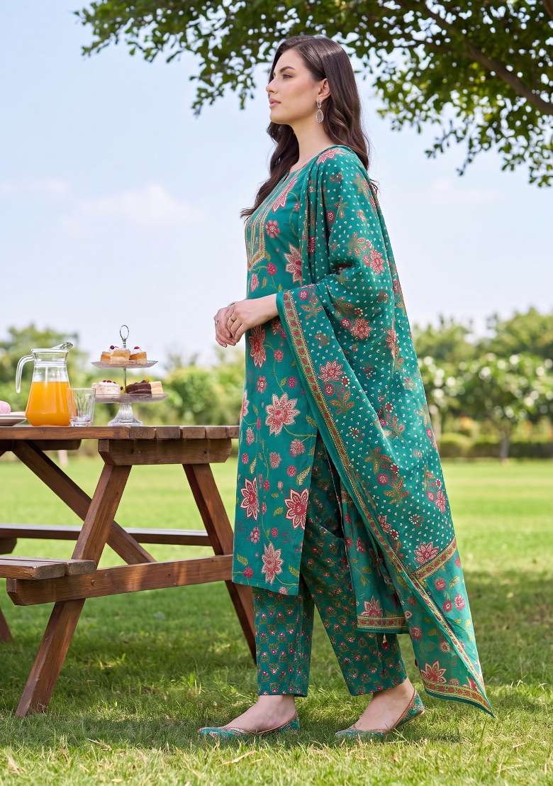 Green Printed Cotton Kurta Set - Indya