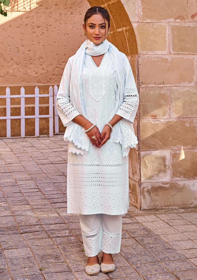Blue Embroidery Cotton Kurta Set - Indya