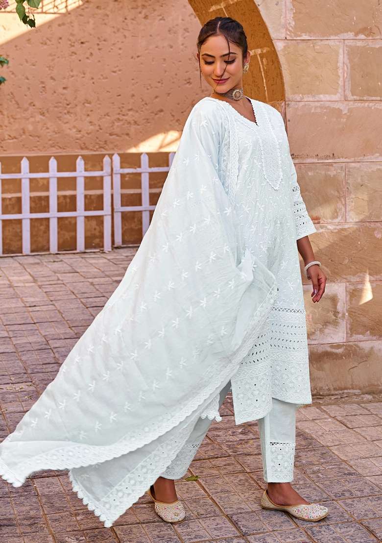 Blue Embroidery Cotton Kurta Set - Indya
