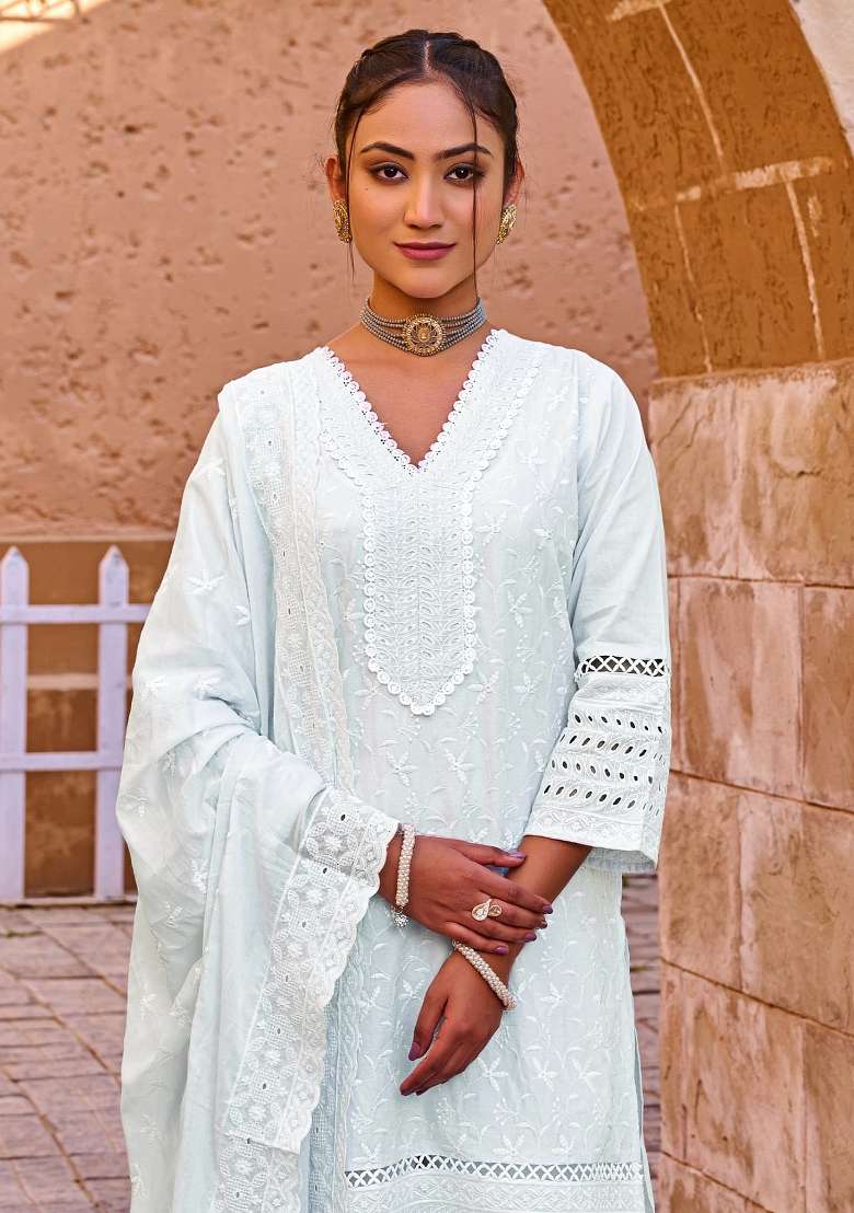 Blue Embroidery Cotton Kurta Set - Indya