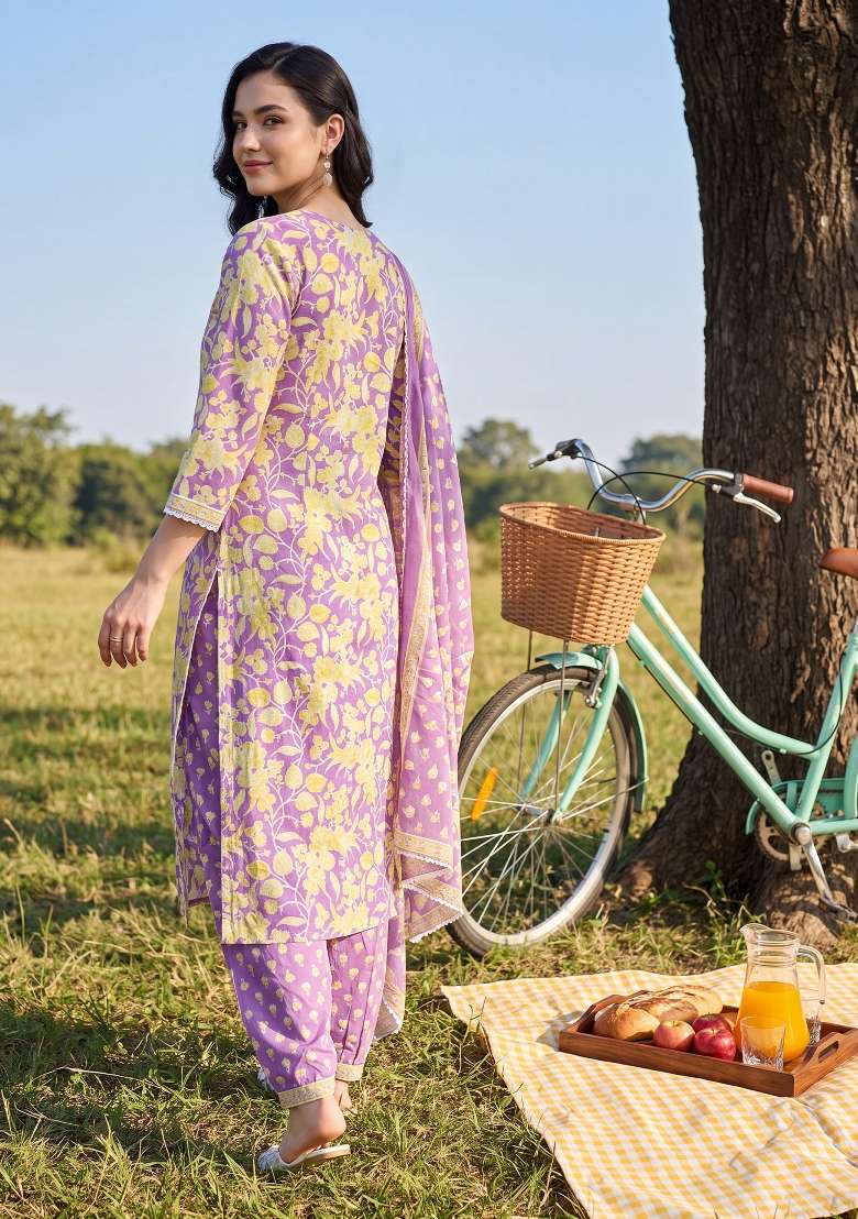 Lavender Printed Cotton Kurta Set - Indya