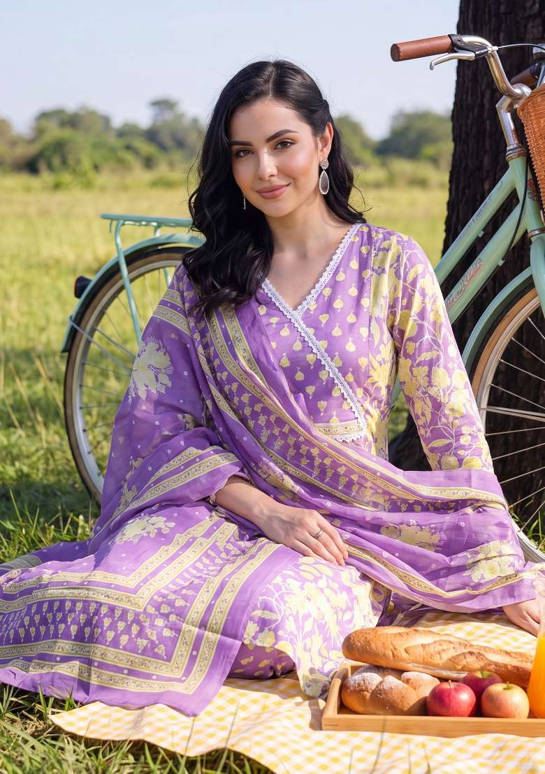 Lavender Printed Cotton Kurta Set - Indya