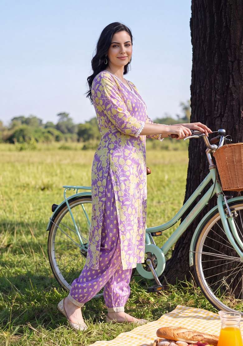 Lavender Printed Cotton Kurta Set - Indya
