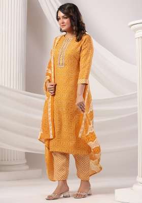 Mustard Printed Cotton Kurta Set
