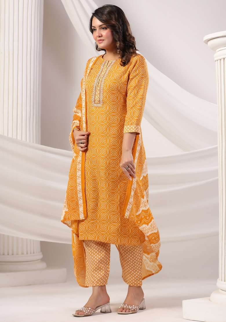 Mustard Printed Cotton Kurta Set - Indya