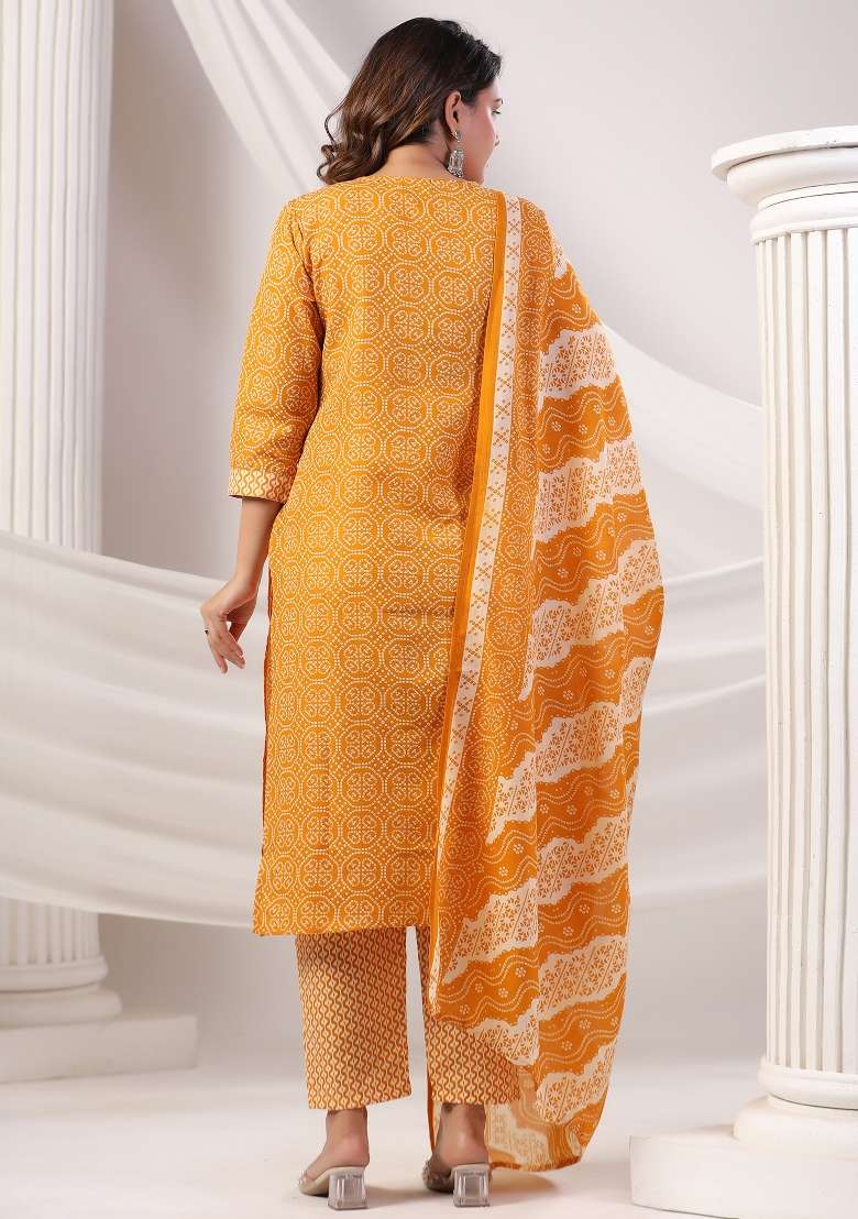 Mustard Printed Cotton Kurta Set - Indya