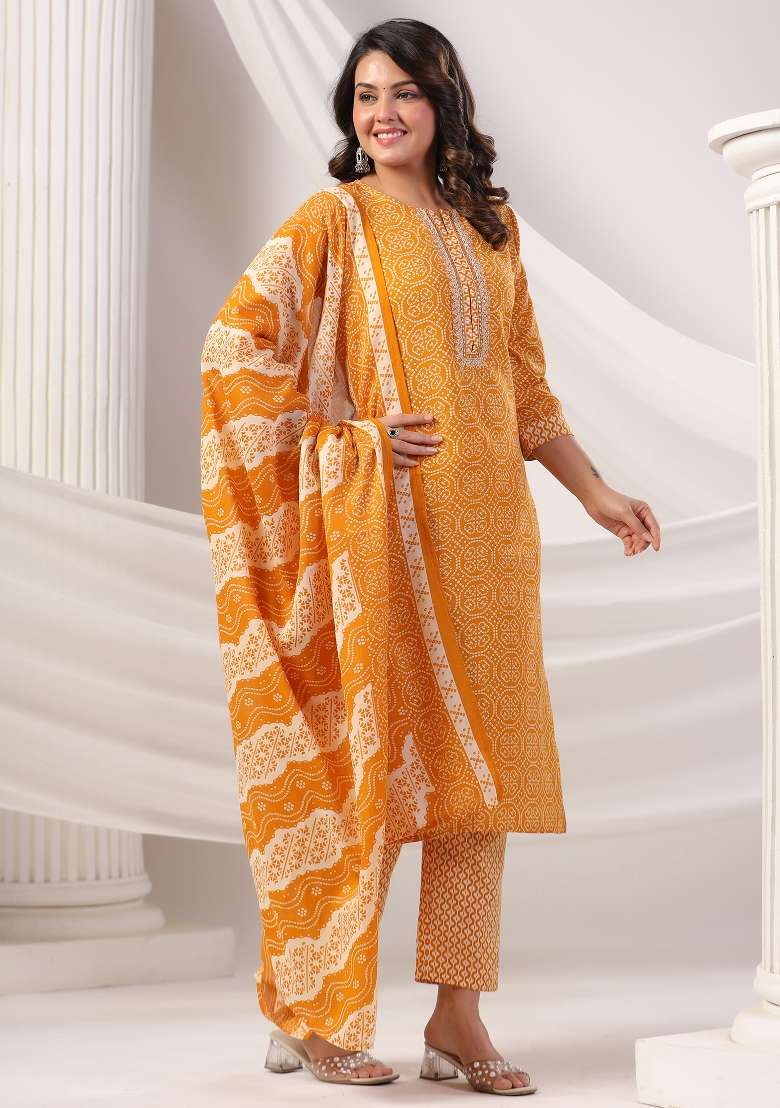 Mustard Printed Cotton Kurta Set - Indya