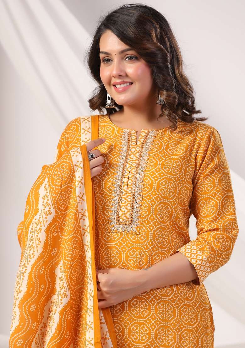 Mustard Printed Cotton Kurta Set - Indya
