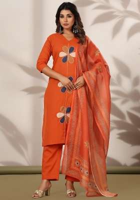 Orange Embroidery Cotton Kurta Set