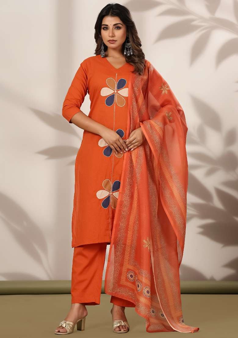 Orange Embroidery Cotton Kurta Set - Indya