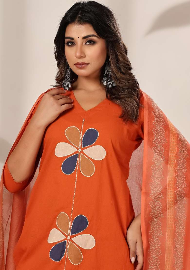 Orange Embroidery Cotton Kurta Set - Indya