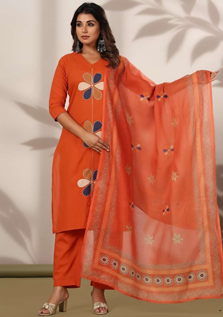 Orange Embroidery Cotton Kurta Set - Indya