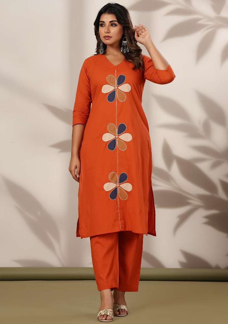 Orange Embroidery Cotton Kurta Set - Indya