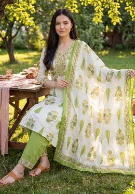 Off White Printed Cotton Kurta Set