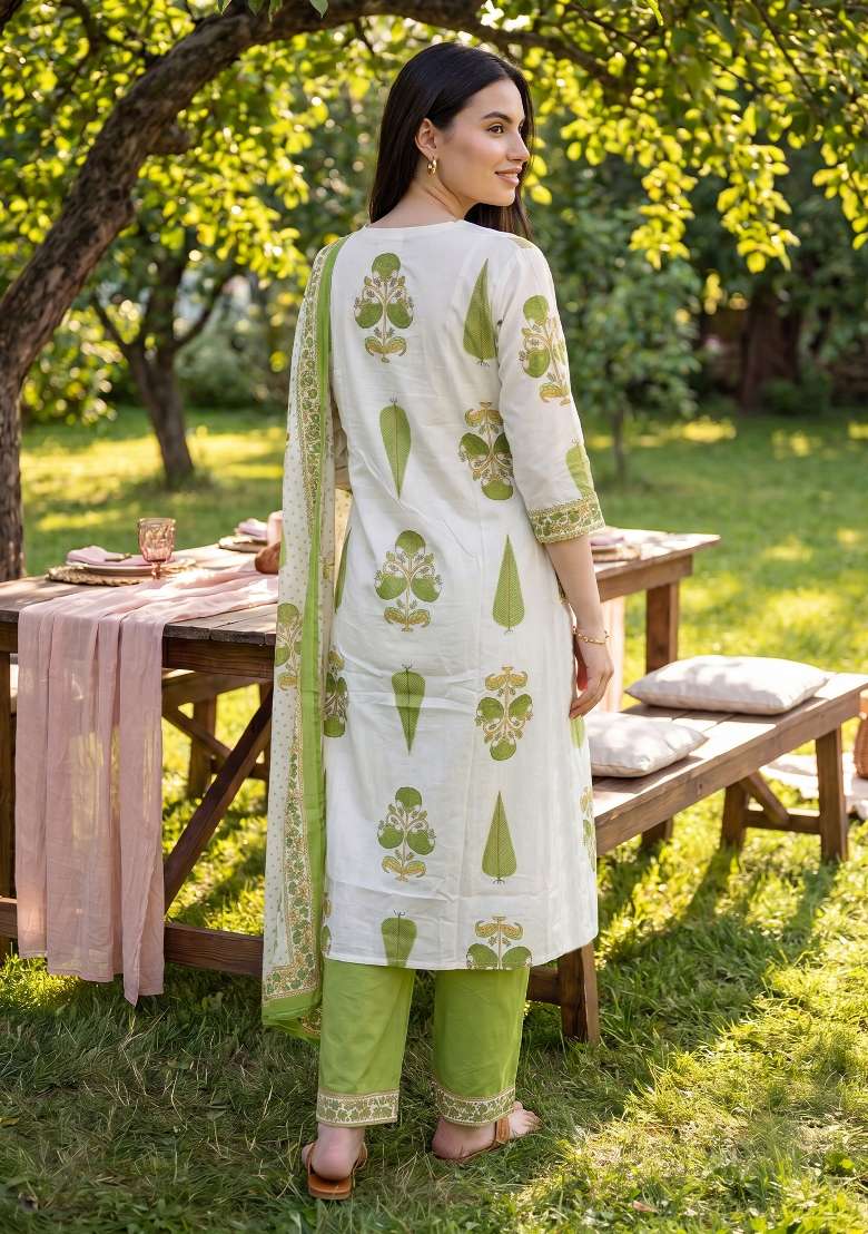 Off White Printed Cotton Kurta Set - Indya