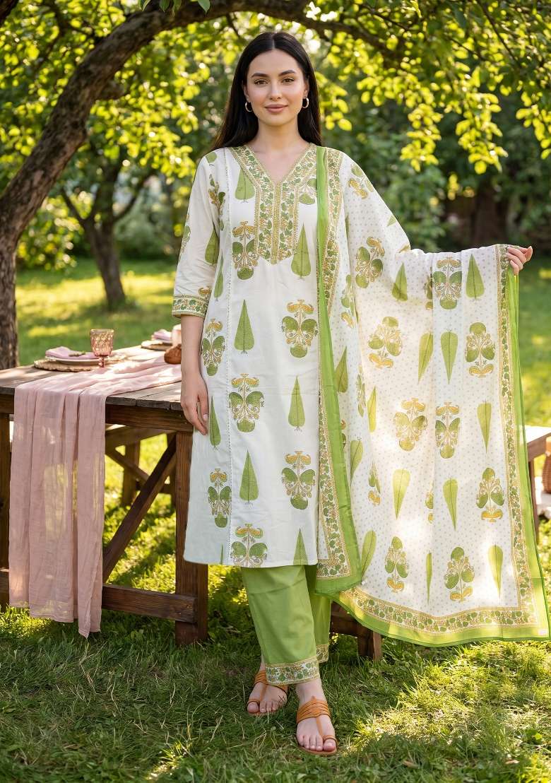 Off White Printed Cotton Kurta Set - Indya