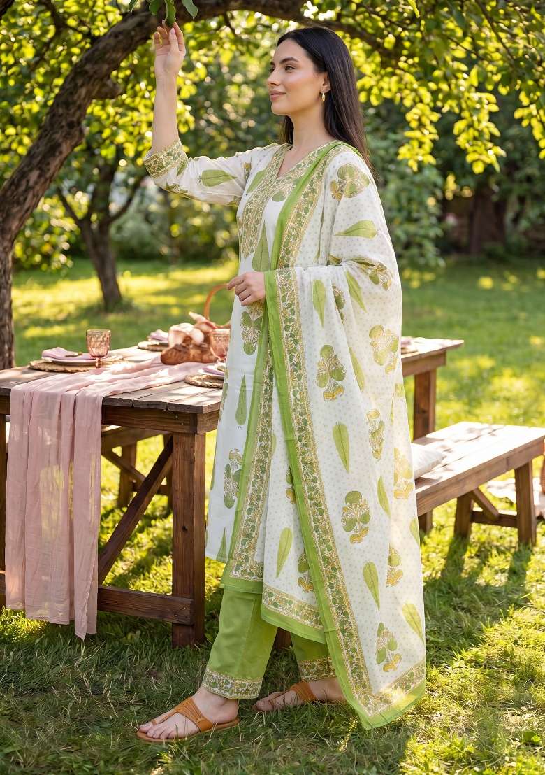 Off White Printed Cotton Kurta Set - Indya