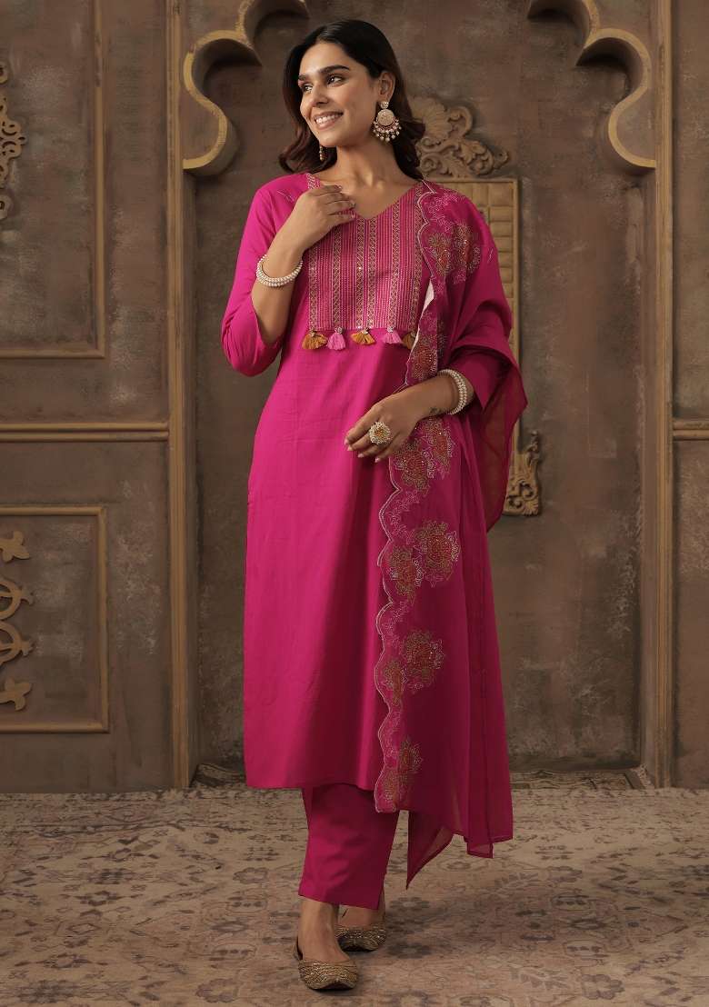 Pink Embroidery Cotton Kurta Set - Indya