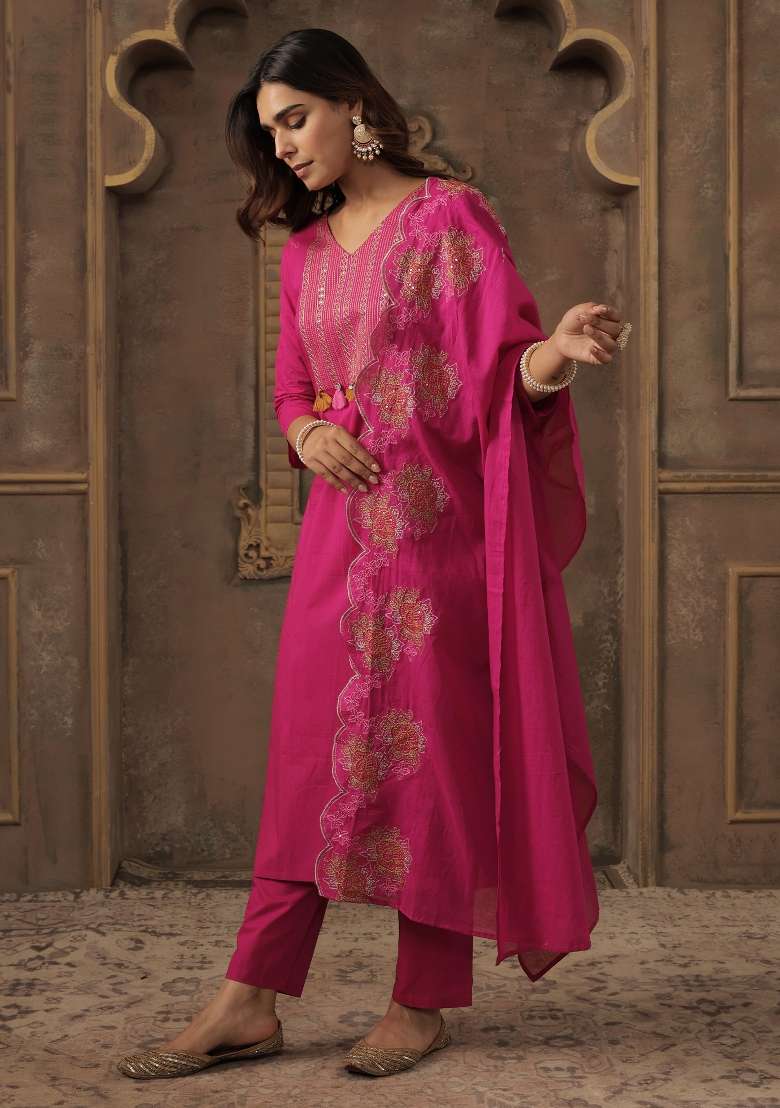 Pink Embroidery Cotton Kurta Set - Indya