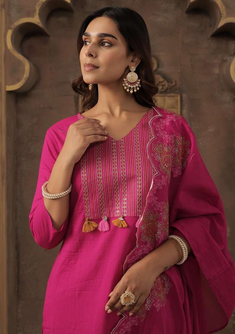 Pink Embroidery Cotton Kurta Set - Indya