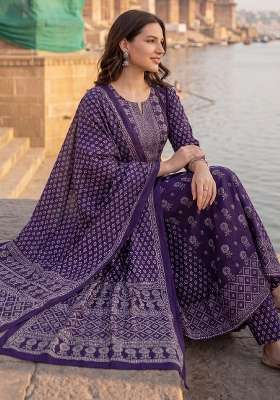 Purple Printed Cotton Kurta Set