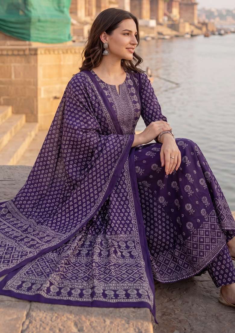 Purple Printed Cotton Kurta Set - Indya