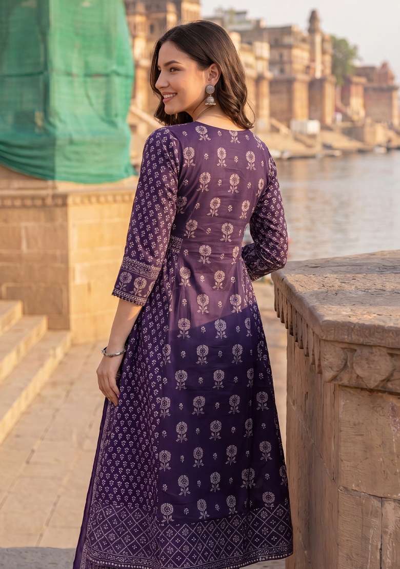 Purple Printed Cotton Kurta Set - Indya