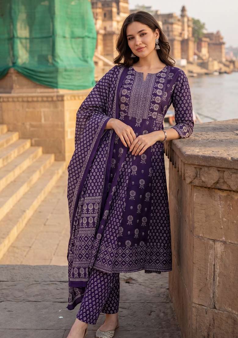 Purple Printed Cotton Kurta Set - Indya