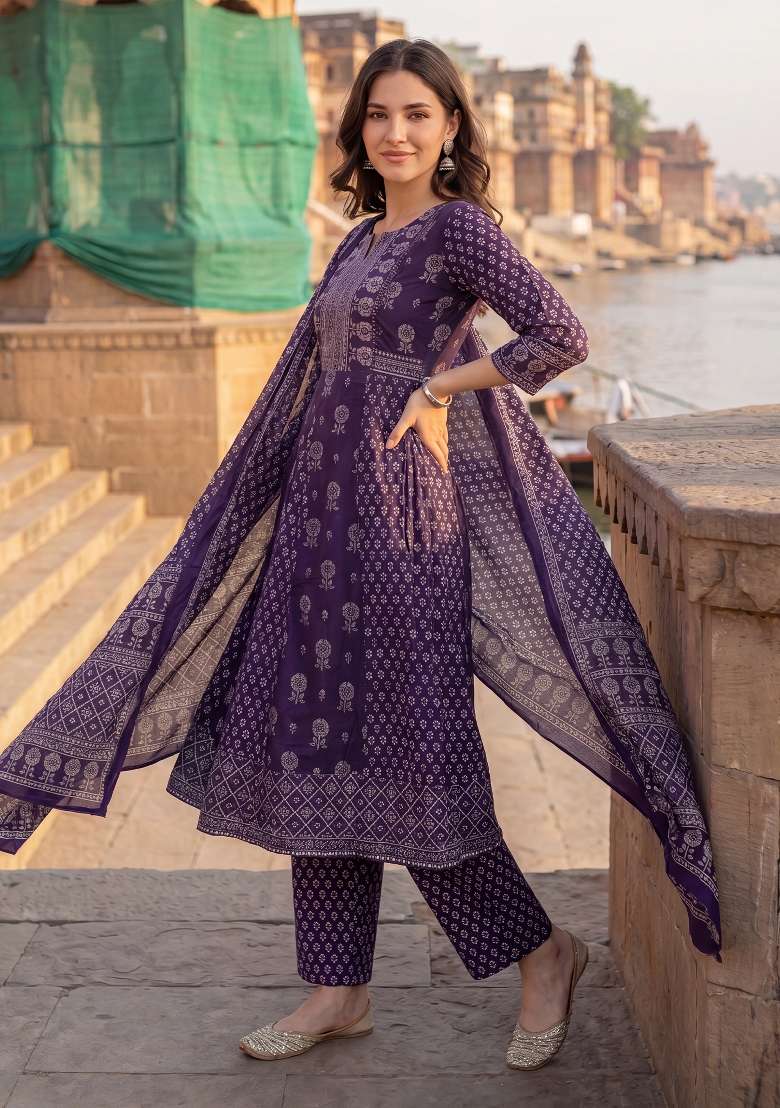 Purple Printed Cotton Kurta Set - Indya