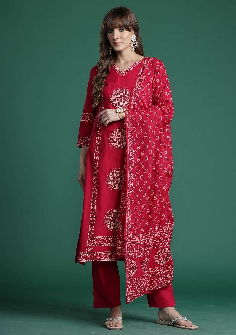 Pink Printed Cotton Kurta Set - Indya