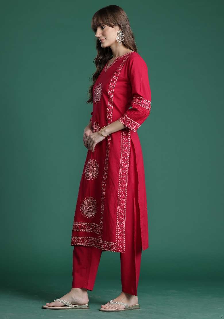 Pink Printed Cotton Kurta Set - Indya