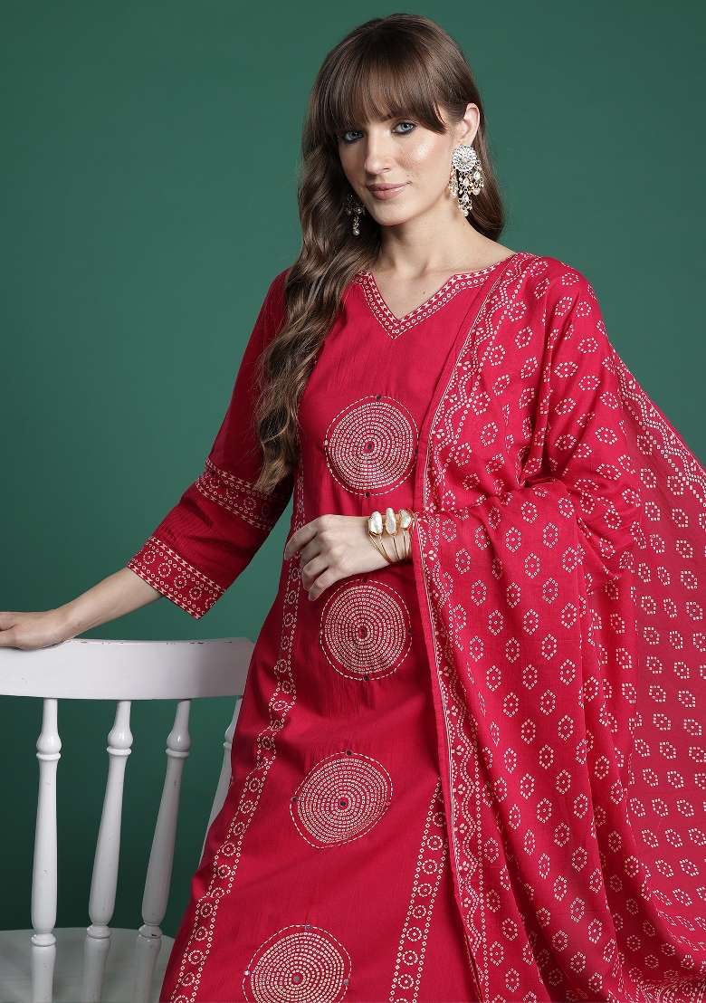 Pink Printed Cotton Kurta Set - Indya